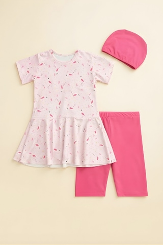 Modanino Kız Çocuk 3'lü Mayo Takımı Tunik Boy Üst+diz Boy Alt Ve Bone 7-16 Yaş 12601b Pembe