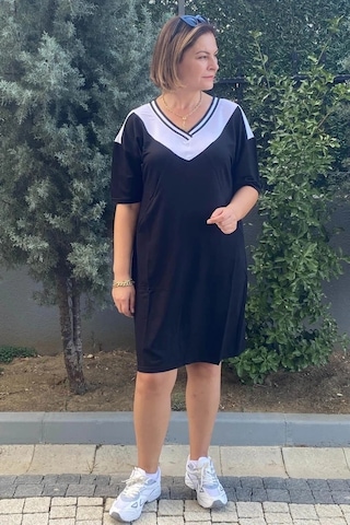 Mia Butik Büyük Beden Lina V Yaka Elbise Siyah