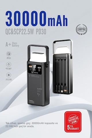 30.000 Mah Outdoor Led Işıklı Hızlı Şarj Powerbank Usb-c & Çoklu Cihaz Desteği siyah