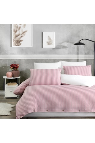 Çift Kişilik %100 Pamuk Ranforce Düğmeli Nevresim Takımı Lastikli Çarşaflı 200x220 Cm Pembe Pembe