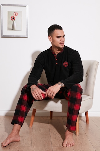 Buratti Ekose Regular Fit Bisiklet Yaka Kışlık Polar Erkek Pijama Takımı 609610013W4 Siyah-Kırmızı