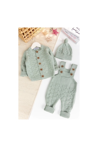 Triko Hırkalı 3'lü Ayarlanabilir Askılı Örgü Erkek Bebek Salopet Tulum Takım Set Yeşil
