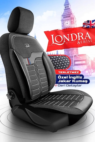 Siyah - Gri Panda Londra Serisi İngiliz Jakar Kumaş Oto Koltuk Kılıfı - Tam Set
