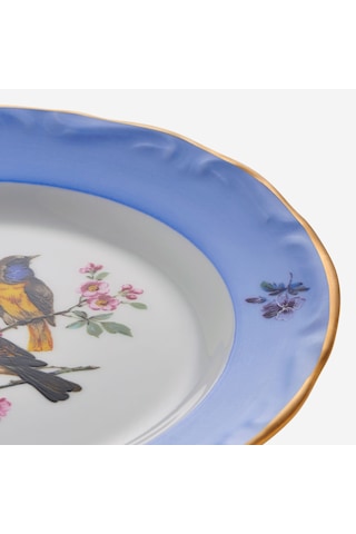Altın Dekorlu Yeşil Kuşlu Mavi Porselen Pasta Tabağı 19 Cm