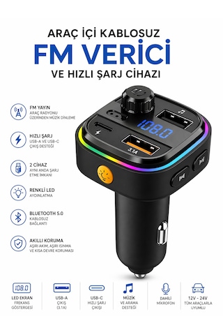 Araç İçi Bluetooth Fm Transmitter Usb-c Hızlı Şarj Çift Usb Led Ekran 12-24v 12w