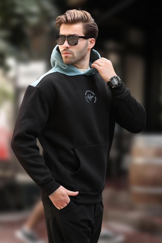 Madmext Siyah Kapüşonlu Renk Bloklu Nakış Detaylı Erkek Sweatshirt 7088 Siyah
