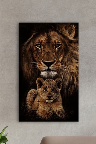 Doğal Taş Tablo - Aslan Ve Yavrusu Tablo - Duvar Dekoru 30x50cm