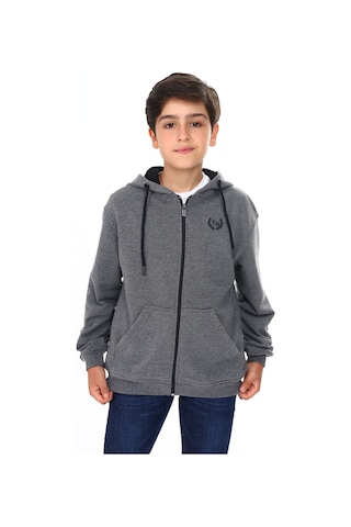 Toontoy Kids Toontoy Erkek Çocuk Kapüşonlu Fermuarlı Cepli Düşük Omuz Baskılı Örme Hırka - 3 İplik Şardonsuz Antrasit Melanj