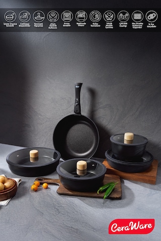 Ceraware Hona XL 14 Parça Tak Çıkar Saplı İç İçe Geçebilen Seramik Yapışmaz Tencere Tava Seti Siyah
