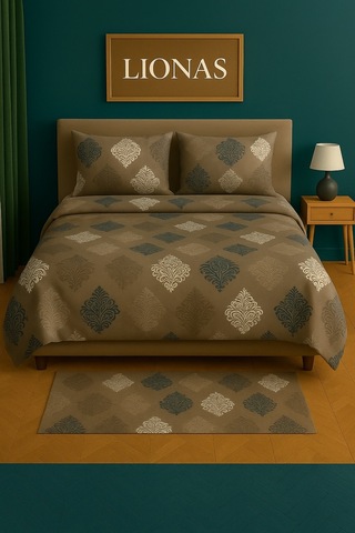 Çift Kişilik Desenli Nevresim + 2 Adet Kapaklı Yastık Kılıfı Açık Kahverengi