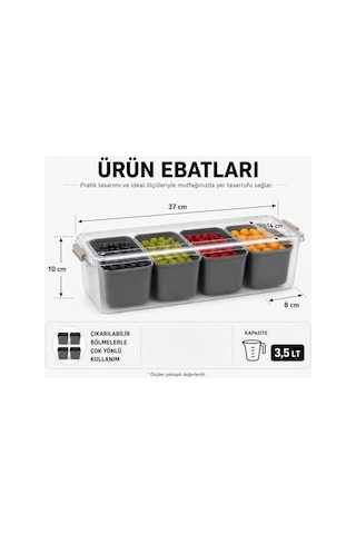 4 Bölmeli Çok Amaçlı Saklama Kabı 3,5 Lt Kapasiteli Bpa Free Çıkartılabilir Bölmeli Kapaklı Organizer Buzdolabı Ve Dondurucu Uyumlu Yerli Üretim Füme,açık Gri, Sarı Ve Yeşil-asorti Renkler