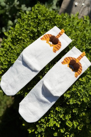 Lousocks Unisex Kahverengi Kedi Desenli Ponpon Soket Çorap