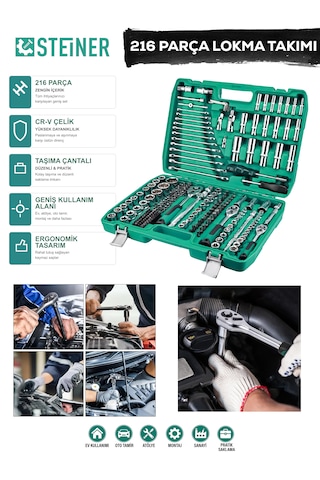 Steiner Ultra Güçlü 1/4 Cırcırlı 216 Parça Lokma Anahtar Takımı Oto Tamirci Full Tam Set 72 Diş