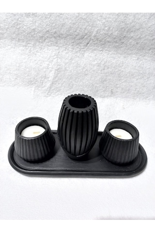 İskandinav Vazolu Tabaklı Tealight Mumluk Set Siyah Siyah