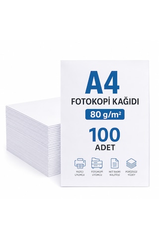 A4 Kağıt 100 Adet 80 Gr Fotokopi Kağıdı Yazıcı Kağıdı Beyaz Copy Paper Ofis Okul Ev