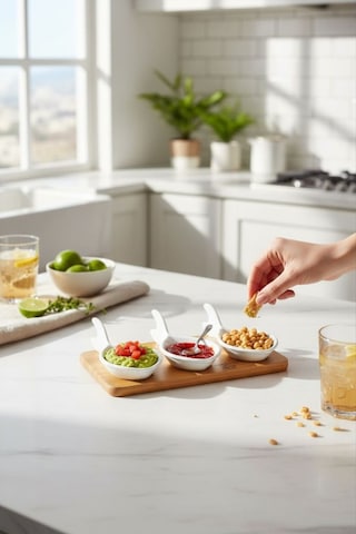 3 Lü Porselen Sosluk & Mezelik Seti Bambu Sunum Tahtalı Şık Servis Seti Çok Renkli