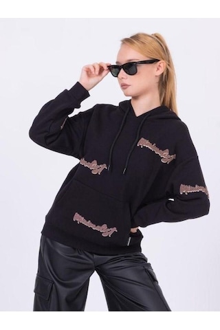 Kız Çocuk Kapüşonlu Punch İşlemeli Şardonlu Kapüşonlu Sweatshirt-13457-siyah Siyah