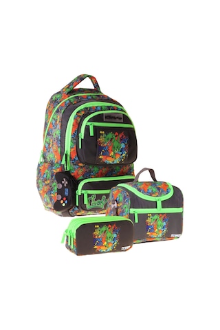 Kaukko Kids Street Siyah - Yeşil Renk Erkek Çocuk Üçlü İlkokul Okul Çantası Seti/takımı - Setkk-l5414a Çok Renkli
