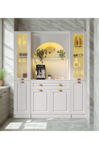 Lureo Nera Arch Maxi Kahve Köşesi Led Aydınlatmalı, Cam Vitrinli, Komple Mdf Premium Kahve Ünitesi Beyaz