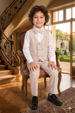 Baby Kids Colors Erkek Çocuk Smokin Takım Elbise 6 Düğmeli Yelekli Papyonlu Zincirli 4'lü Takım Bej