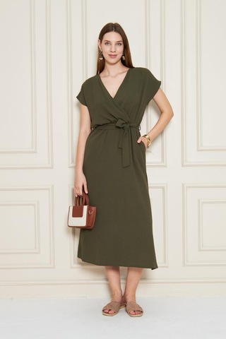 Kadın Kruvaze Yaka Cepli Derin Yırtmaçlı Beli Lastikli Aerobin Günlük Yazlık Elbise 3764341 Haki