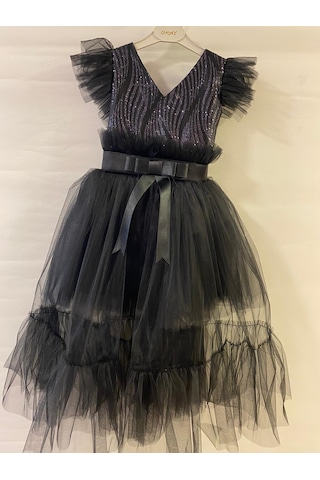 Kız Çocuk İçi Kısa Katkat Üstü Uzun Fırfırlı Abiye-7566-siyah Siyah