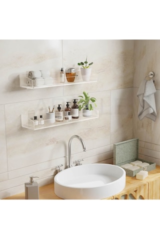 2 Adet Pleksi Hayalet Raf Banyo Mutfak Düzenleyici Kendinden Yapışkanlı Vidalı Raf - 40 Cm Şeffaf