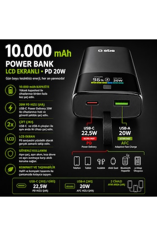 Sbs 10000 Mah Powerbank Dahili Usb-c Kablolu Lcd Ekranlı Pd 20w Hızlı Şarj Usb-a 22.5w Siyah 10.000 Mah