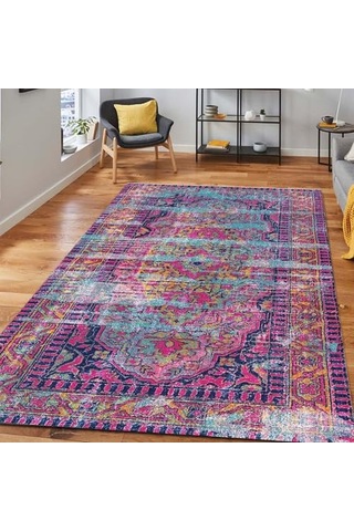 Lane Kadife Pamuk Tabanlı Yıkanabilen Kaydırmaz Antibakteriyel Salon Halısı 140x200 Çok Renkli