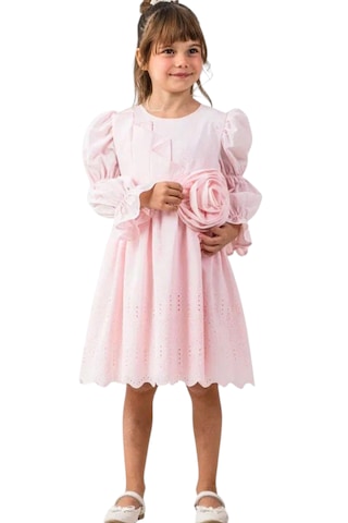 Kız Çocuk Çiçek Detaylı Balon Kol Model Etek Uçları Güpür Detaylı Astarlı Pembe Renk Midi Boy Elbise Pembe