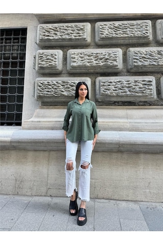 WeShaya Haki Kırışık Oversize %100 Pamuk Gömlek Haki