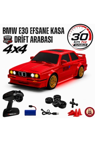 Uzaktan Kumandalı Bmw E30 Drift Arabası Retro Efsane Kasa 30 Km/h Sürat Yapabilen 4x4 Şarjlı Hız Ayarlı Led Işıklı 7 Farklı Renk 2 Farklı Mod Kırmızı