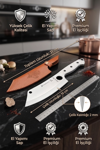 Sürmene Serisi 3 Lü Mutfak Şef Bıçağı Seti Beyaz Verzalit Sap Et Sebze Kamp Outdoor Bıçak Deri Kılıflı Mft-037
