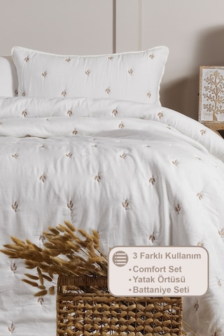 Elart Larissa Yatak Örtüsü Seti Çift Kişilik Nakışlı 220x240 Cm Bej Bej
