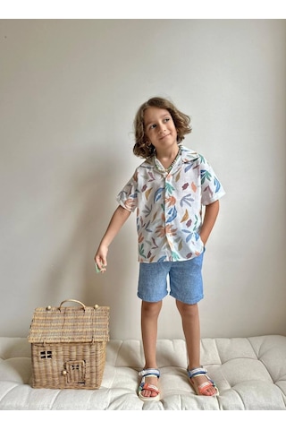 Miniko Kids Erkek Çocuk Yaprak Desenli Muslin Şortlu Gömlekli Pamuk Takım Ekru