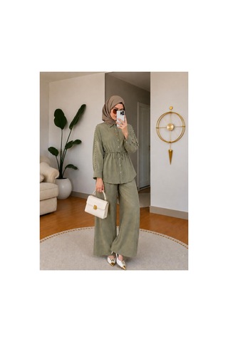 Hira Life Fashion Kadın Kolu Taş Detaylı Bel Bağlamalı Salaş Keten Gömlek Pantolon İki 'li Şık Takım Yeşil Yeşil