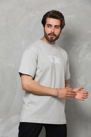 Erkek Kısa Kol Yazlık Tişört Bisiklet Yaka Baskılı Oversize T-shirt - Gri