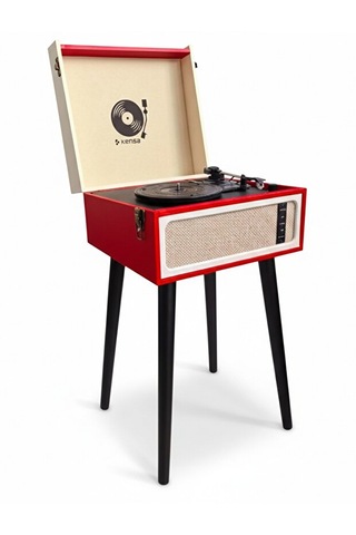 Bluetooth Nostaljik Ayaklı Pikap Plak Çalar Taşınabilir Çanta Tasarım, Usb & Aux Destekli Kırmızı