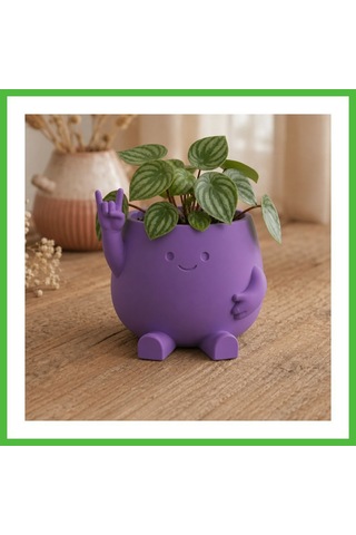 Vaveni 3d Baskı Smiley Face Planter - Gülümseyen Karakterli Saksı-mor Arz