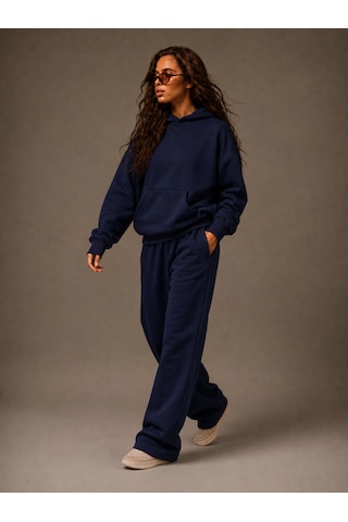 Macklin Unisex Kadın Erkek Baskısız Sweatshirt Oversize 3 İplik Kapüşonlu Hoodie Ve Baggy Eşofman Altı Lacivert