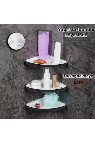Porsima 0447 3'lü İstiridye Banyo Köşe Rafı Yapışkanlı Raf Siyah