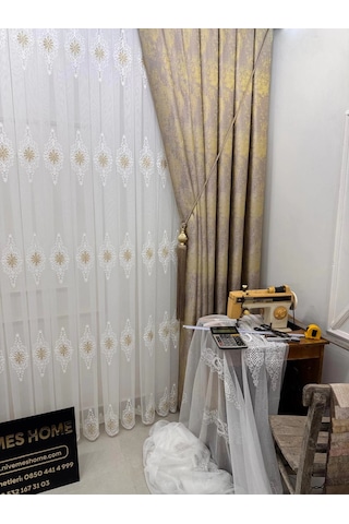 Nivemeshome Süzene 1950 Gold Detaylı 1/3 Sık Pileli Tül Perde Apm Ekru - Gold
