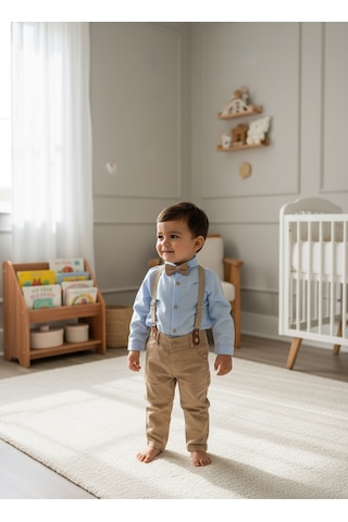 Togi Kids Wear Erkek Bebek Papyonlu Askılı Takım Gömlek Pantolon 1-4 Yaş Şık Kombin Açık Mavi