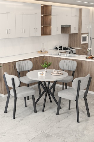 Gnr 90cm Sabit Beyaz Mutfak Masası Takımı, Yemek Masası, 4 Modern Gri Sandalye Gri