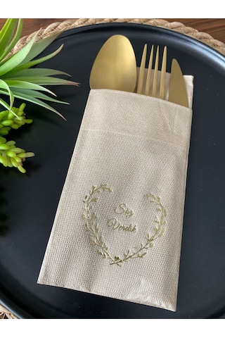 Gold Yaldızlı Kraft Söz Verdik Kalp Çelenk Cepli Peçete 12 Lı 40x40