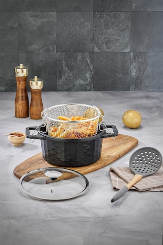 Polochef 20 Cm Granit Kızartma Tenceresi Fritöz Yapışmaz Granit Derin Patates Kızartma Tava Siyah