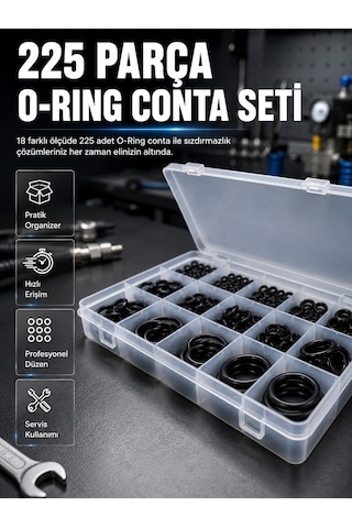 225 Parça O-ring Conta Seti 18 Farklı Ölçü Kauçuk Sızdırmazlık Conta Organizer Kutulu Standart