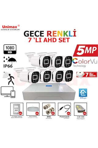 Unımax 5mp Sony Lens 7 Kameralı Güvenlik Seti 100m Kablo 30m Gece Görüş Xmeye