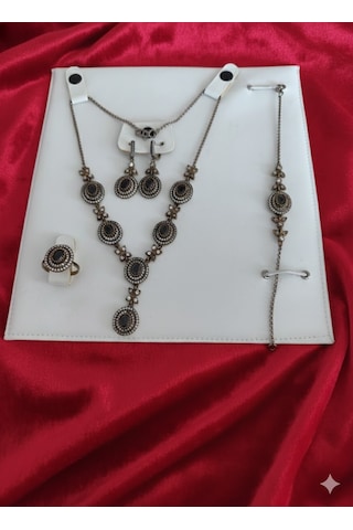 Siyah Oniks Taşlı Otantik Gümüş Takı Seti Bronz