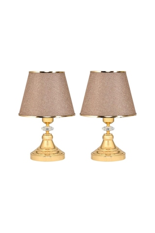 Art Deco Tarz Kristal Taş Süslü Metal Ayak Ve Gold Şeritli Kumbeji Başlık 2'li Abajur Seti İki Adet Kum Beji